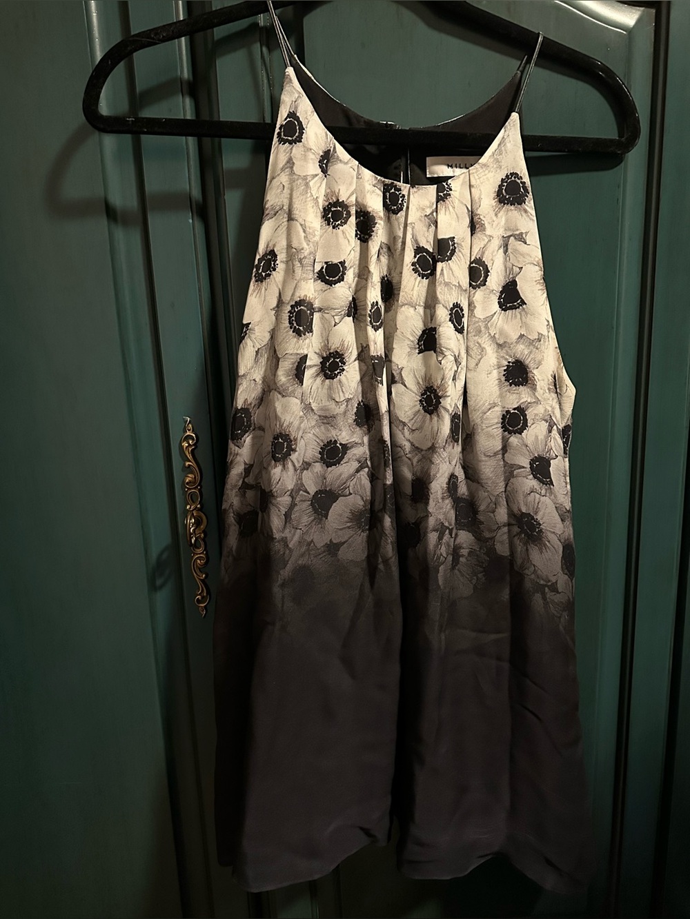 Milly Floral Ombre Halter top in Black, White, grey, 100% silk shell, Sz 4